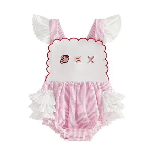 Baby Girl Baseball Outfit Stripe Smocked Bubble Romper Ruffle Bodysuit Overalls Cute Newborn Game Day Summer Clothes