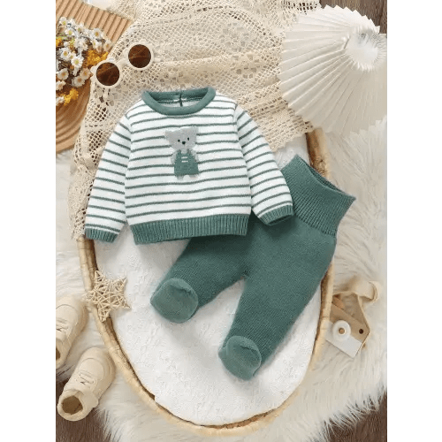 SHEIN Cute Newborn Baby Boy 2 Piece Knit Set,Shades Of Green Bear Pattern Striped Sweater&High Waist Belly Protecting Jumpsuit Outfit,Autumn Matching Family | SHEIN USA