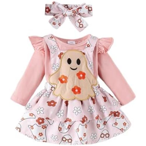 Newborn Baby Girl Halloween Outfit Ruffle Romper Top Pumpkin Bat Ghost Suspender Skirt Set Holiday Clothes