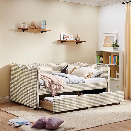 DEINPPA Twin Size Gingham Daybed with 2 Storage Drawers and USB Ports-Brown