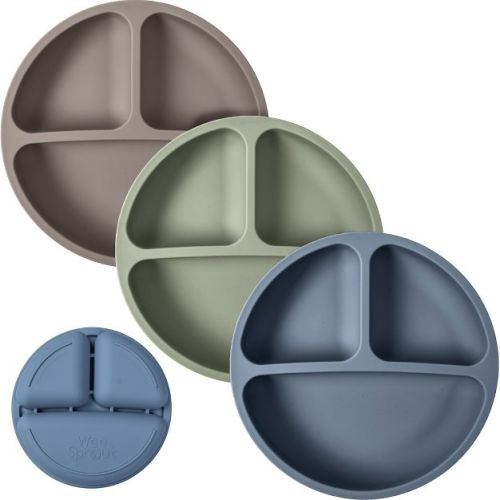 WeeSprout Silicone Plates for Babies & Toddlers 100% Food-Grade Dishes - No Lids, 3 Pack (Matte Dark Grey Blue Green)