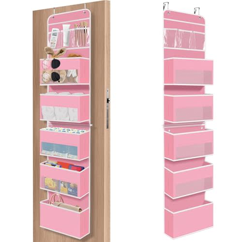 SpaceHacks 6-Tier Over The Door Organizer Hanging Storage Organizers with Clear Window 40lb Large Capacity Room Organizer for Pantry Bathroom Nursery Closet(Pink)