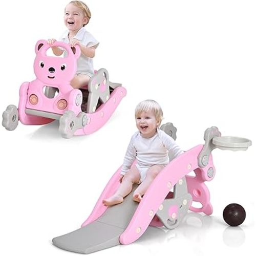 Costzon 5 in 1 Toddler Slide Rocking Toy, Slide for Kids with Detachable Stool, Basketball Hoop and Ring Game, Foldable Climber Playground Slide for Both Indoors Outdoor Use (Pink Bear)