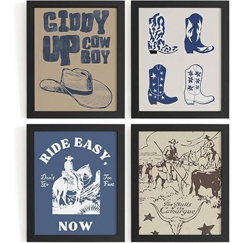 WXHUM Vintage Cowboy Western Room Decor Wall Art Prints Set of 4, Retro Country Western Giddy Up Cowboy Posters for Boys Bedroom Playroom Living Room, 8x10 inch Unframed