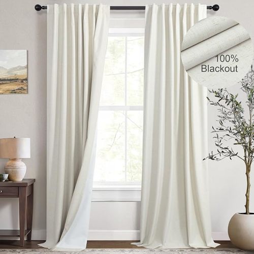 Cream Linen Blend Blackout Curtains 84 Inch Long 2 Panel Back Tab Thermal Insulated Light Blocking Curtain for Living Room Black Out Drape for Bedroom Neutral Rustic Farmhouse 52x84 Length Ivory White