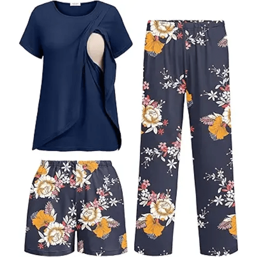 Ekouaer 3 PCS Maternity Nursing Pajamas Set Postpartum Breastfeeding PJS | 3-Piece Set, Including Short Sleeve Shirts, Pregnancy Shorts & Pants, Buttery Soft, Skin-Friendly Feel