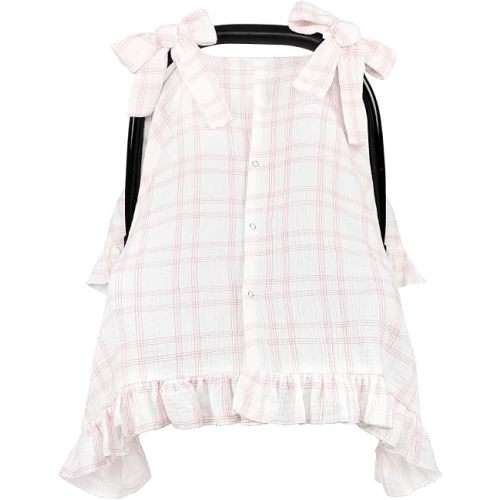 Muslin Car Seat Cover for Baby Girls with Bow Lacing, Checkered
