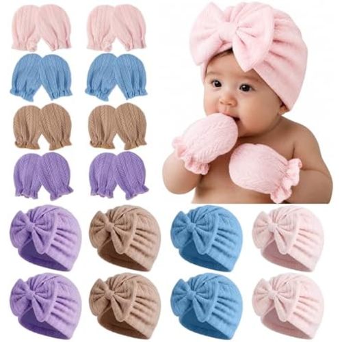 8 Sets Newborn Baby Girl Bow Hats and Mittens Turban Beanies 0-3M