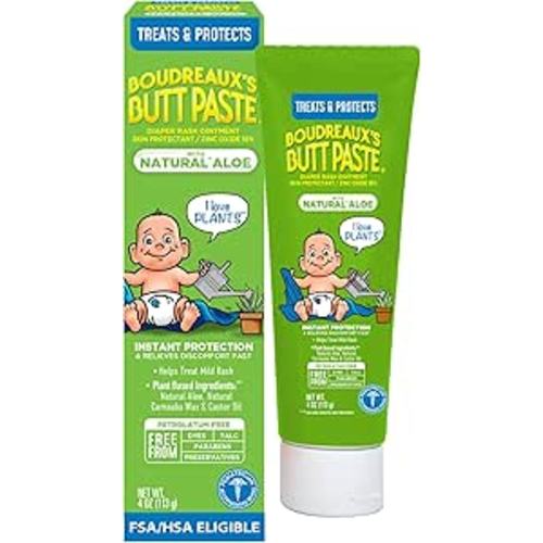 Boudreaux’s Butt Paste Diaper Rash Cream for Baby, Ointment With Natural* Aloe & Zinc Oxide, 4 oz Tube