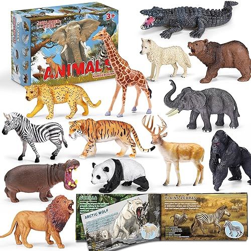 13 Pack Wild Animal Toys with Educational Booklet and Gift Box, Realistic Safari Animals Figures for Kids, Plastic Zoo Animals Figurines for Toddler Ages 1-3, Jungle Birthday Party Favor for Boy Girl