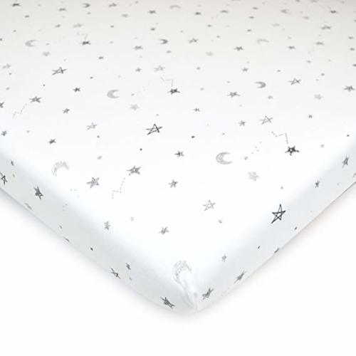 American Baby Company Printed 100% Natural Cotton Value Jersey Knit Fitted Pack N Play Playard Sheet, Grey Stars and Moon, Soft Breathable, for Boys and Girls - 27 x 39 Inch (Pack of 1)