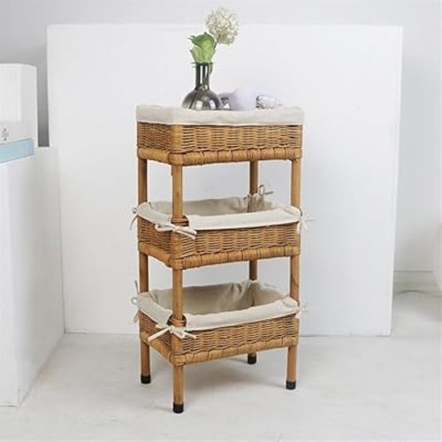 Rattan Storage Shelves, 3-Tier Rattan Bookshelf, 3 Tier Basket Stand with Liner, Handmade Woven Small Shelf for Living Room, Bedroom, Kitchen(7.9 * 11.8 * 23.6in)