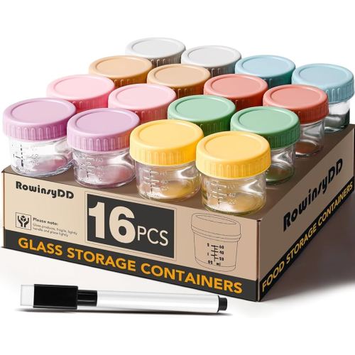 16 Pack Glass Baby Food Storage Containers, 4 oz Leakproof Baby Food Jars with Lids, Small Glass Food Containers for Infant Baby, Freezer & Microwave Safe, BPA Free