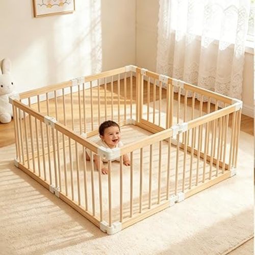 Baby Gate Playpen, Wooden Playpen for Babies and Toddlers, Foldable Baby Fence Play Area with Child-Proof Lock Large Adjustable Play Yard for Babies Toddlers (58 x 58 x 24 inches)