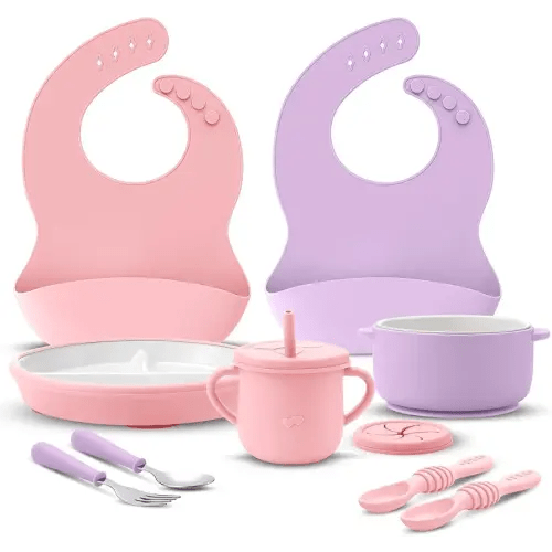 9 Pcs Porcelain Kids Plates and Bowls Feeding Set with Suction, Ceramic Baby Toddler Divided Plates Silicone Sleeve Bowls Forks Spoons Cup Bib Microwave Dishwasher Safe(Pastels)