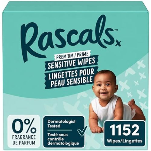 Rascals Premium Sensitive Alcohol Free Baby Wipes, Carton, 1152 Count, for Sensitive Skin