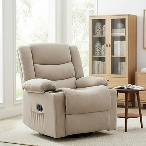 Recliner Chair,360°Swivel Rocking Chairs for Adult,Nursery Chair,Recliner with Side Pockets and Cup Holders,Rocker Recliner with a Suitable for Living Rooms,Bedrooms,Light Brown