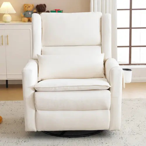Latitude Run® Oversized Swivel Rocker Recliner Chair, 26" Extra Wide Glider Nursery Chair With Adjustable Headrest, Chenille Power Recliner Rocking With Double Cushion, Cup Holder | Wayfair
