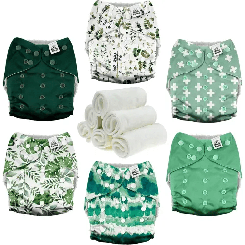 Mama Koala 3.0 Pocket Cloth Diapers for Babies with AWJ Lining, 6 Pack with 6 4-Layer Natural Cloth Diaper Inserts - Reusable and Washable Pocket Diapers (Love Green)
