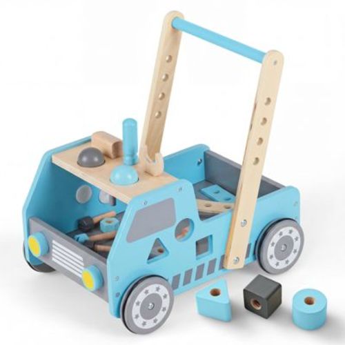 Costway 2-In-1 Montessori Wooden Baby Walker with Learning Activities Adjustable Speed Blue