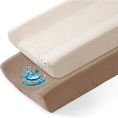 Basumee Muslin Changing Pad Cover Waterproof 2 Pack Baby Changing Table Covers for Boys and Girls Soft Breathable Nursery Diaper Change Table Cover Pad Fits 32"x16", Lvory and Brown