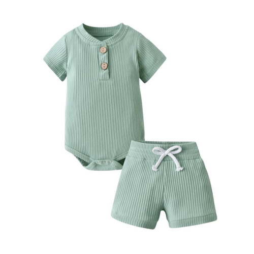 Newborn Baby Boy Clothes Ribbed Knitted Cotton Short Sleeve Romper +Pants Solid Color Summer Outfits Light Green 0-3 Months