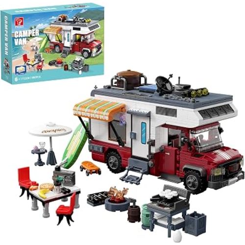 TYCOLE Camper Van Building Set, 880 PCS Beach Camping RV with LED Lights