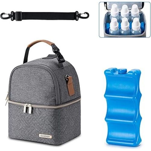 Breastmilk Cooler Bag with Ice Pack Fits 6 Baby Bottles up to 9 Ounce, Breast Milk Pump Cooler Bag with Shoulder Strap for Nursing Mom Daycare, Work, Travel- Dark Grey