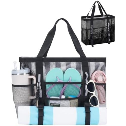 WANDF Mesh Beach Bag for Women, Large Beach Tote Bags with 40oz Tumbler Side Pockets, Family Pool Bag for Swim Toys Towels Cruise Vacation Essentials (Black)