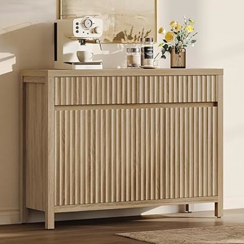 SICOTAS 42" Fluted Buffet Cabinet with Storage - Mid Century Modern Sideboard with 2 Drawers & 3 Doors, Large Coffee Bar Console Table with Adjustable Shelves for Living Room, Kitchen, Hallway