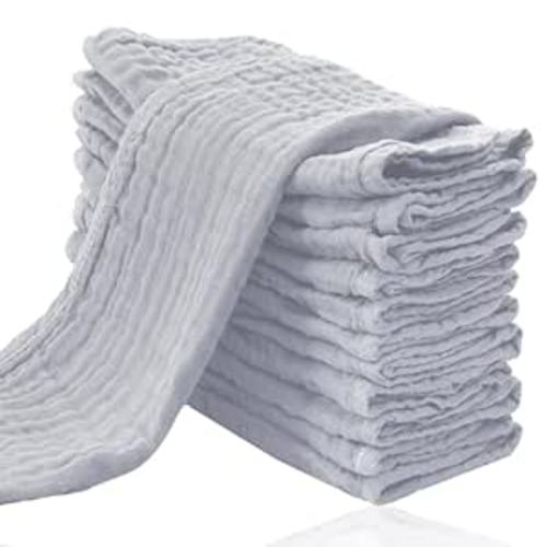 Cute Castle 12 Pack Muslin Burp Cloths for Baby - Ultra-Soft 100% Cotton Baby Washcloths - Large 20'' by 10'' Super Absorbent Milk Spit Up Rags - Burpy Cloths for Unisex, Boy, Girl - Slate