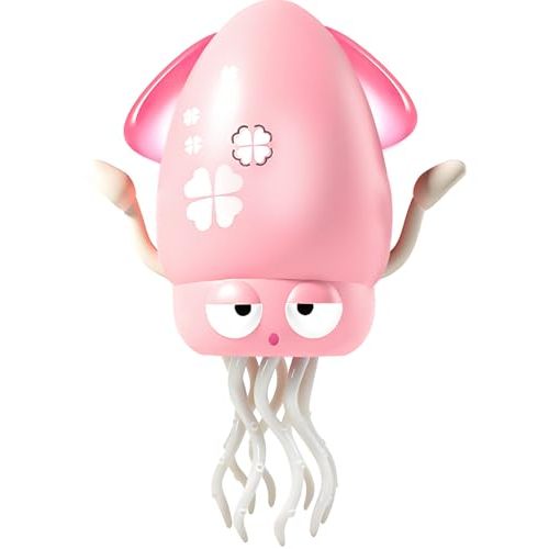 Pbooo Magic Dancing Octopus Toy, Electric Crawling with LED Lights and Music, Rechargeable Music Squid Baby Toy for 3-6 Year Olds, Tummy Time and Toddler Walking Toy, Birthday Gift, Light Pink