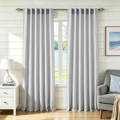 DriftAway 100% Blackout Linen Ticking Striped Curtains Double Layer Farmhouse Drapes 84 Inches Long for Living Room Bedroom Yarn Dyed Woven Thermal Insulated Rod Pocket Back Tab 2 Panels Navy/Cream