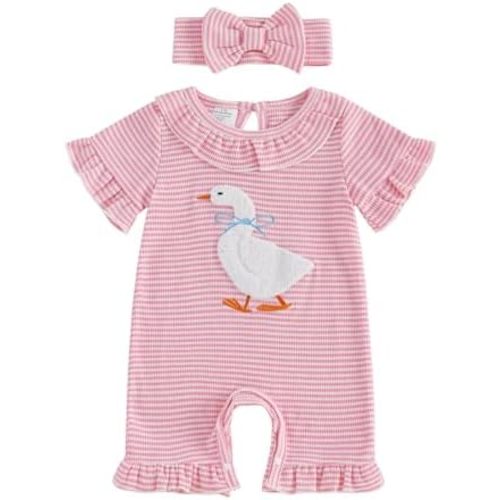 Baby Girl Summer Outfit Goose Embroidery Waffle Knit Ruffled Short Sleeve Romper Newborn Stripe Jumpsuit with Headband