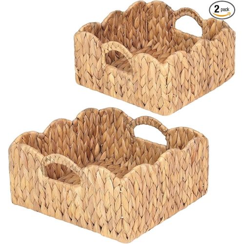 Scalloped Baskets (Natural-Set of 2) Basket Living Room Organizer, Water Hyacinth Baskets For Decor, Woven Basket for Bathroom, Bedroom, Laundry. Hyacinth Storage Basket with Built-in Handles