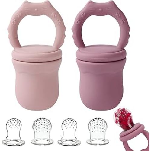 Socub 2 Pack Mesh Fruit Food Feeder Teether, Silicone Frozen Feeders for 3M+ Baby Safe Self Feeding, 3 Sizes Food Pouches Included, Suitable for Babies Teething Relief (Rose, Dusty Lilac)