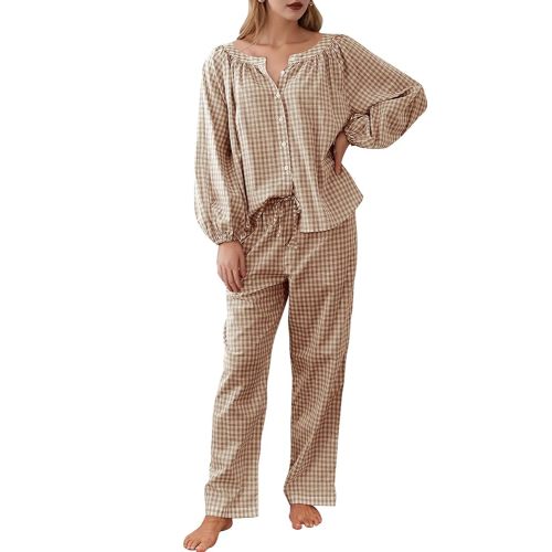 COZYPOIN Womens Gingham Pajama Set 2 Piece Cotton Plaid Button Down Puff Sleeve Shirt and Pants Lounge Set Cute Sleepwear