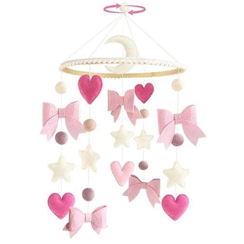 Baby Mobile for Crib Pink Bow Baby Crib Mobile for Girls Handmade Coquette Bow Nursery Decor for Infant Bedroom Hanging Pink Girls Room Decor for Bassinet Gender Reveal Newborn Gifts
