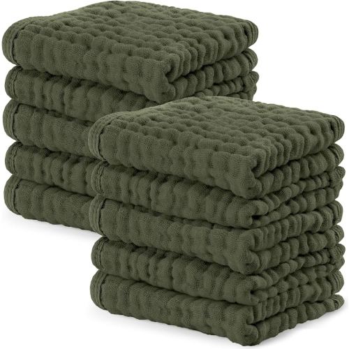 Comfy Cubs Muslin Baby Washcloths 10 Pack - Soft 6-Layer Cotton Wash Cloths for Sensitive Skin - 10"x10" Large, Gentle, Absorbent Infant Essentials for Newborn and Toddlers - Kelp