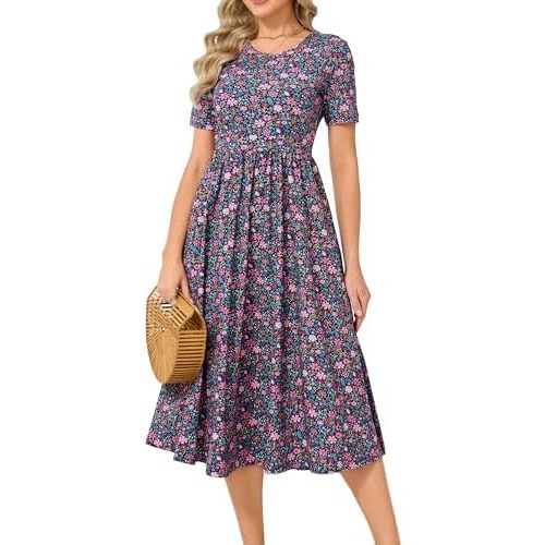 Women's Cotton Nursing Dresses Breastfeeding Midi Breastfeeding Dress with Pockets