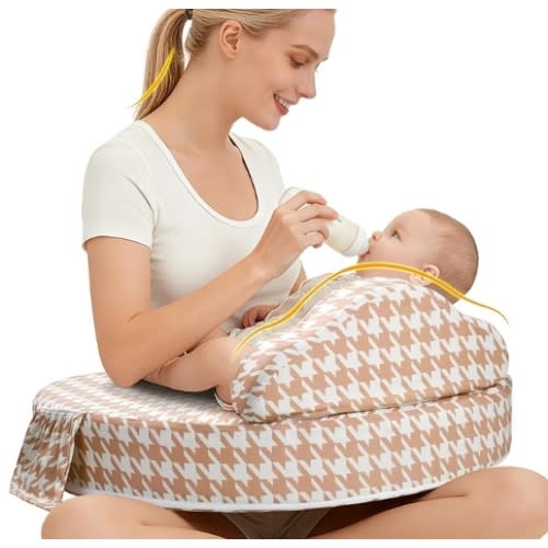 Nursing Pillow -Memory Foam Bottle & Breastfeeding Pillow with Safety Fence -Ergonomic Support, with Wider Breast Feeding Cushion, Adjustable, Removable Cover, Baby Safety Certified Houndstooth