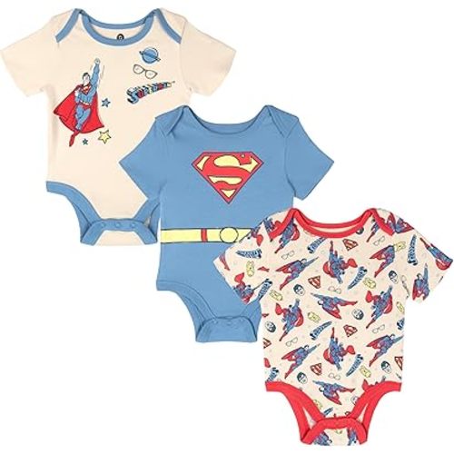 WARNER BROS DC Comics Justice League Baby 3 Pack Bodysuits Newborn to Infant Sizes (Newborn - 24 Months)