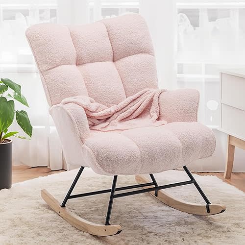 Rocking Chair Nursery Teddy, Upholstered Baby Fluffy Glider Rocker for Adults Indoor, Comfy Sherpa Compact Nursing Chairs for Small Spaces, Living Room, Classroom, Bedroom, Pink