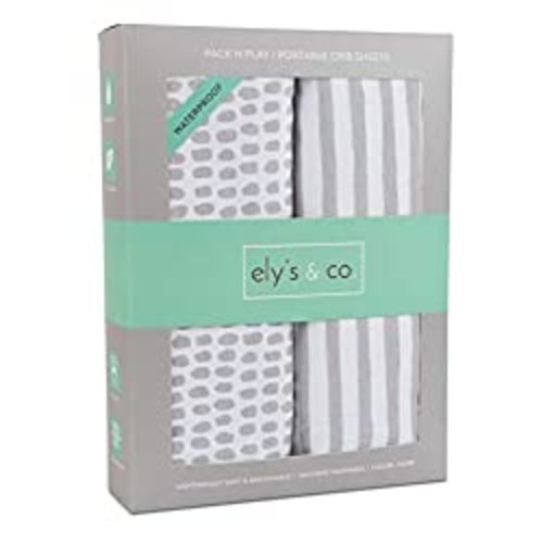 Ely's & Co. Patent Pending Waterproof Pack N Play/Mini Portable Crib Sheet with Mattress Pad Cover Protection I Taupe Stripes and Splash - Playard