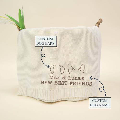Custom Dog Ears Baby Knit Embroidery Blanket, Baby Blanket, New Best Friend, Dog Ears Outline, Knit Organic Baby Blanket, Newborn Gifts