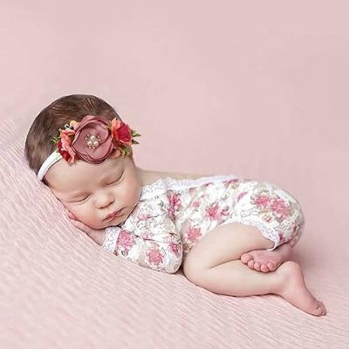 OOSAKU Newborn Photography Props Baby Girl Flower Nylon Headband Set and Lace Romper Baby Girl Photoshoot Outfits Photo Prop for Infants