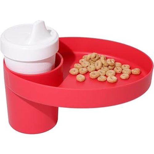 Travel Tray Oval USA Made Extend Your Current Cup Holder to Hold Your Cup Plus A Tray for Snacks, Toys and Accessories. Use in a Car Seat, Booster, Stroller, Golf Cart, Outdoor Chair, Coral Red