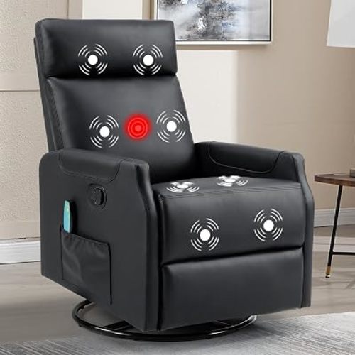 CANMOV Manual Swivel Rocker Recliner Chair, Overstuffed Rocking Chair Glider Recliner for Nursing, Ergonomic Rocker Chair with Vibration Massage & Heat, Reclining Chair for Living Room, (Black)