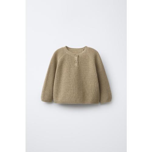 WAFFLE KNIT HENLEY JUMPER - Greenish | ZARA United States