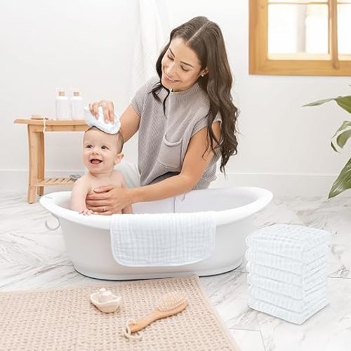 Comfy Cubs Muslin Baby Washcloths 10 Pack - Soft 6-Layer Cotton Wash Cloths for Sensitive Skin - 10"x10" Large, Gentle, Absorbent Infant Essentials for Newborn and Toddlers - White